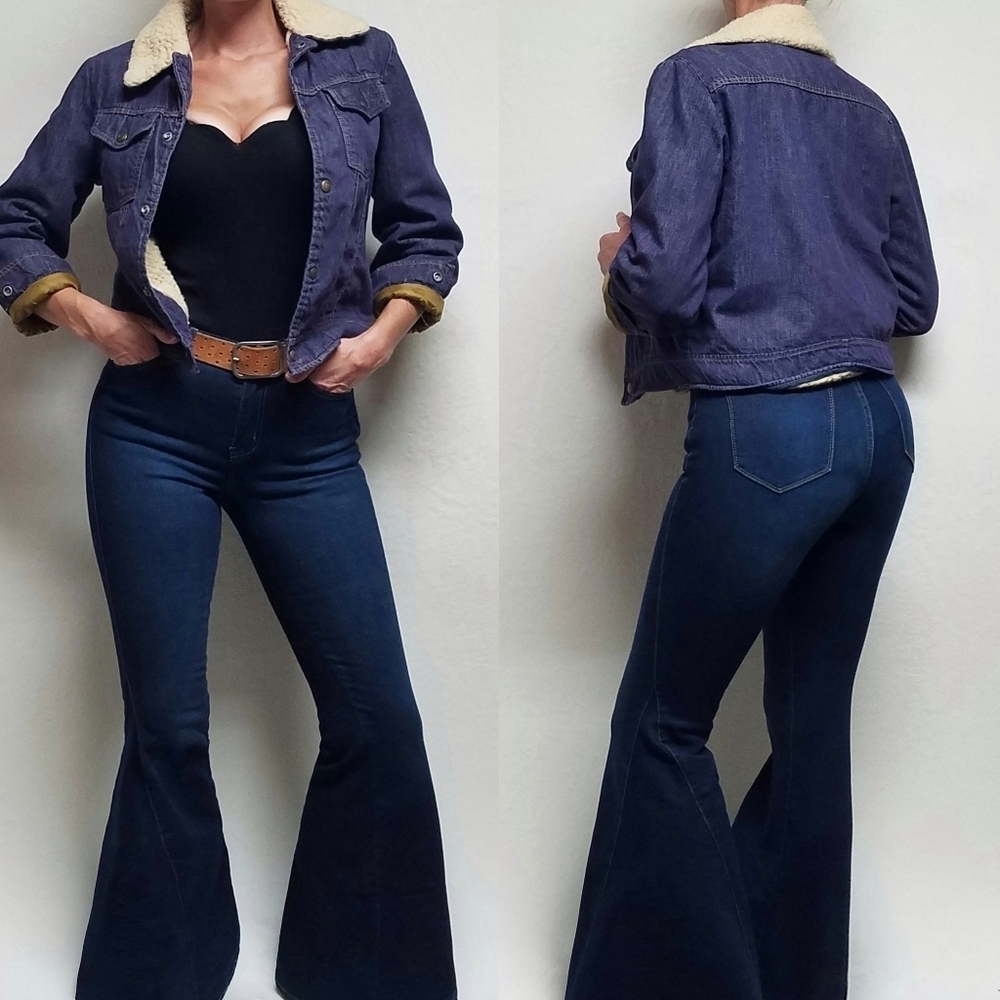 70s Vintage Sears Put-on Shop Blue Denim Fleece Lined Cropped Trucker Jacket S